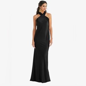 NWT L - Dessy Group - draped twist halter tie-back trumpet gown in black